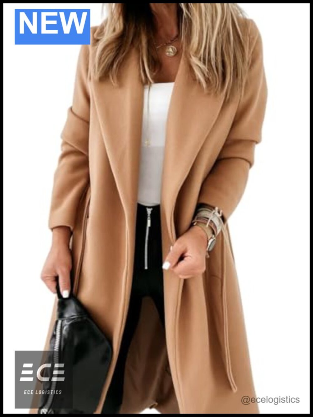 Womens Classic Long Belted Open Front Lapel Coat Pea Jacket